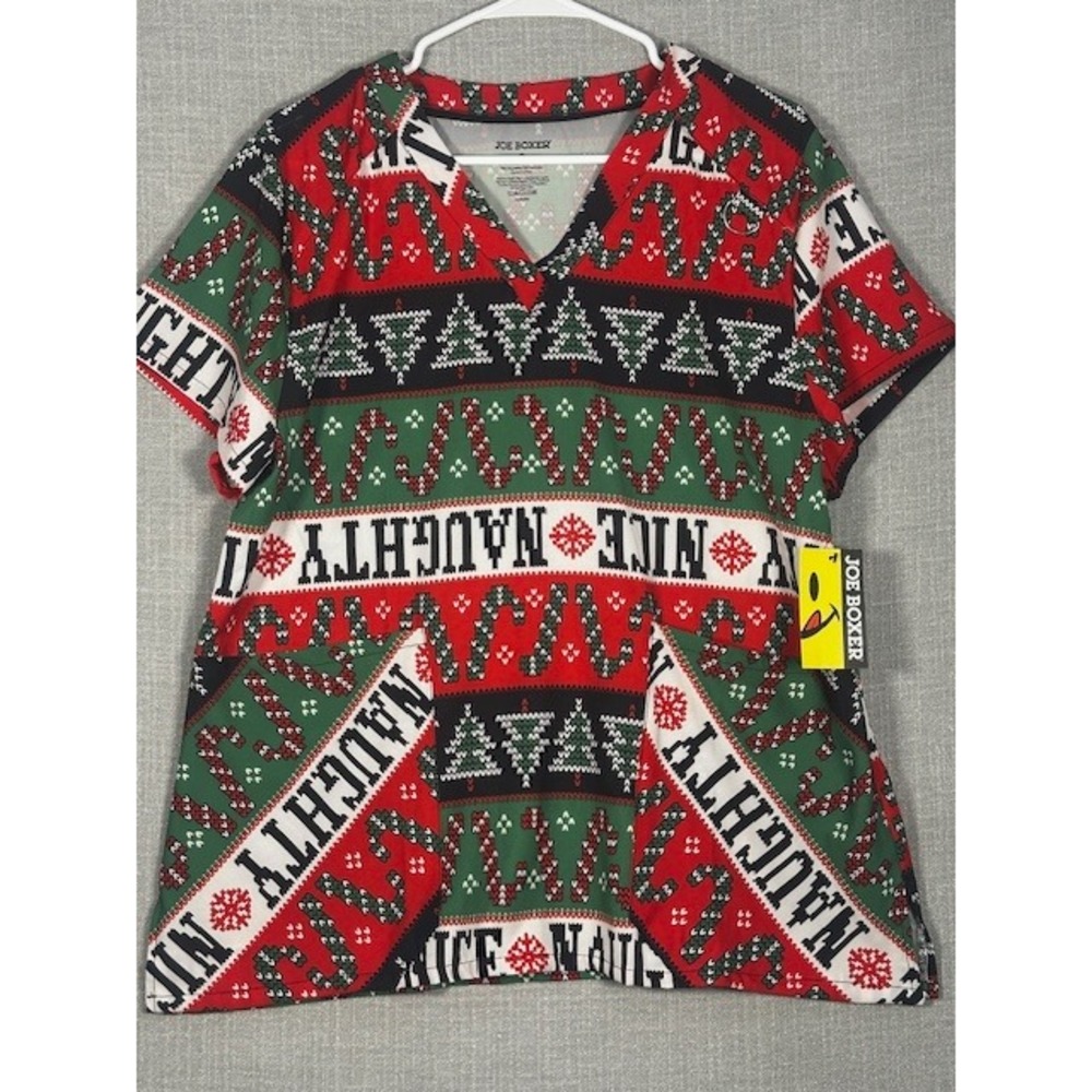Joe Boxer Women Christmas Scrub Top Naughty Nice Candy Cane V-Neck SZ XL NWT